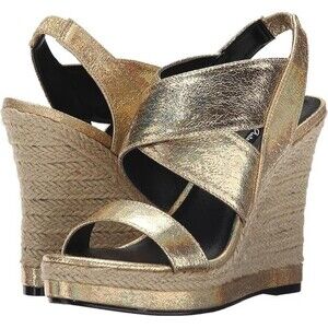 Michael Antonio Gerey Met Metallic Gold Strappy Espadrille Open Toe Wedge Size 9